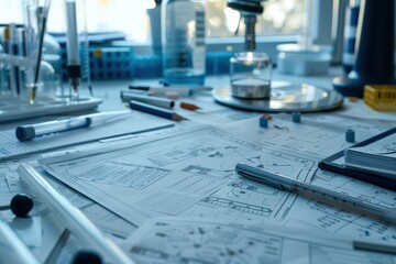 Bioengineering Workstation with Genetic Diagrams and Lab Equipment for Research and Innovation