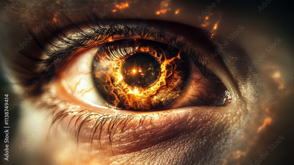 Poster a captivating close-up of an eye showcasing a surreal reflection of flames and cosmic elements in th