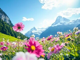 A vibrant meadow filled with colorful flowers against a mountain backdrop.