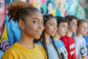 Diverse Teen Group Advocating Anti-Drug Awareness in Front of Health Mural
