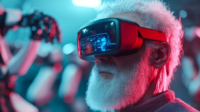 An elderly man wearing modern virtual reality goggles is surrounded by robots, capturing the fusion of technology and age amidst a blue and red neon backdrop.