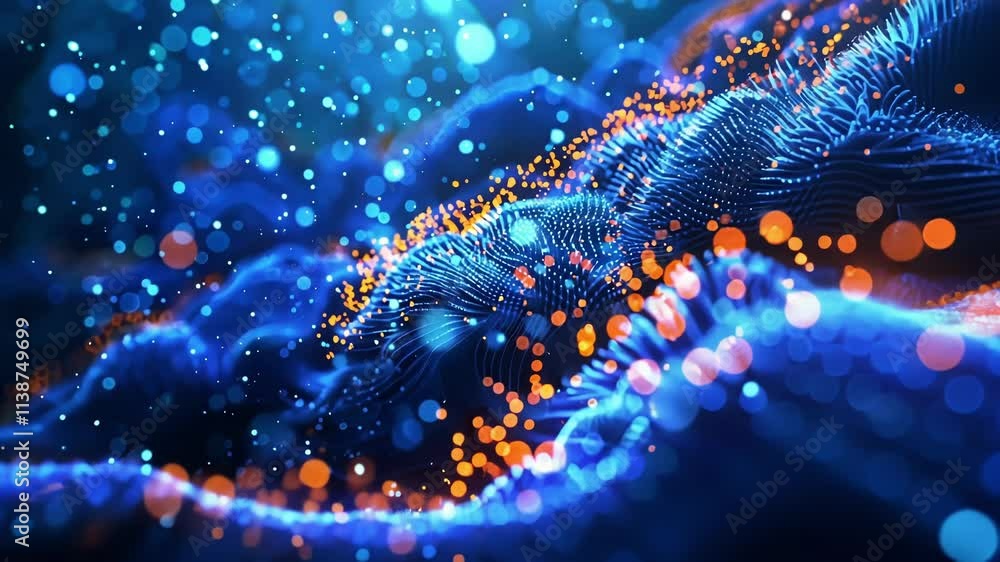 Poster abstract particles are swirling and flowing, creating a mesmerizing digital wave effect with a futur