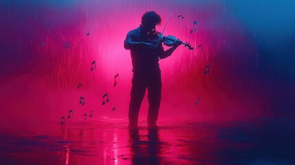 Musician playing violin in the rain with musical notes surrounding him