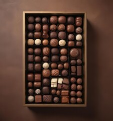 Assorted chocolates in elegant box, rich brown background, premium, gift box