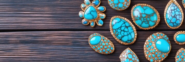 Artisanal jewelry flat lay featuring turquoise stones on a dark wooden surface with coral accents