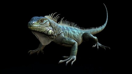 Obraz premium Iguana, blue scales, spiky back, on black background.