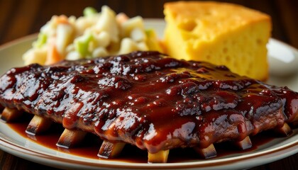 Comforting slow-cooked BBQ ribs with coleslaw and cornbread