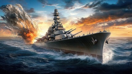 Fototapeta premium Battleship firing cannon amidst sunset sky.