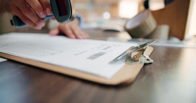 Hands, scan and person with clipboard for inventory, update stock and delivery with courier service. Closeup, employee and inspector with equipment, documents and industry with barcode and retail