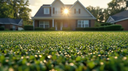 Sunlight glimmers on lush green lawn in front of contemporary suburban home during early evening