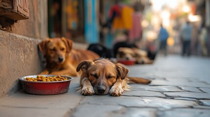 Fototapeta premium Stray dogs resting on a bustling street in an urban area during the afternoon hours