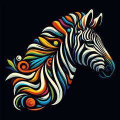 Colorful mandala in the shape of a zebra head. It is depicted on a black background. Vector graphics in EPS 10 format.