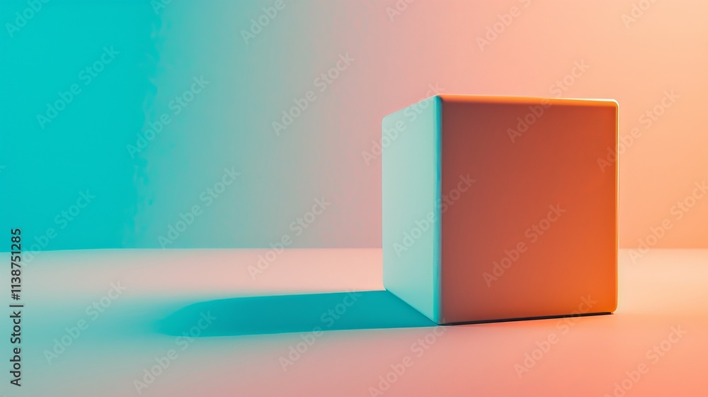 Poster a minimalist white cube casts a soft shadow against a gradient background of teal and coral hues, cr