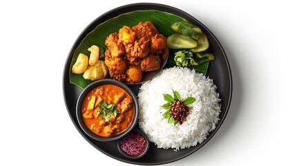 A top view of a Sri Lankan meal with rice, curry, and traditional sambols served in plates, all set on a white background with a clipping path