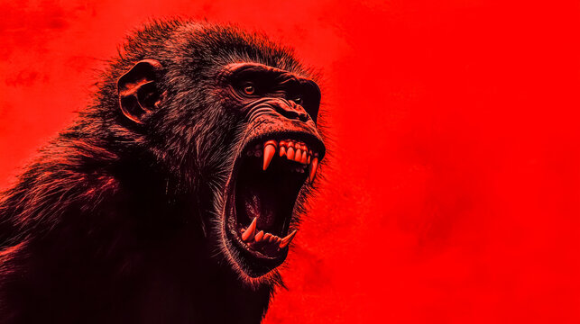 Baboon showing teeth and screaming with red background