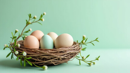 Natural Nest With Pastel Eggs and Pussy Willow Branches on a Mint Background