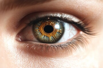 A detailed view of a striking eye featuring a rich blend of colors, intricate patterns, and a deep pupil surrounded by varying shades of brown and green