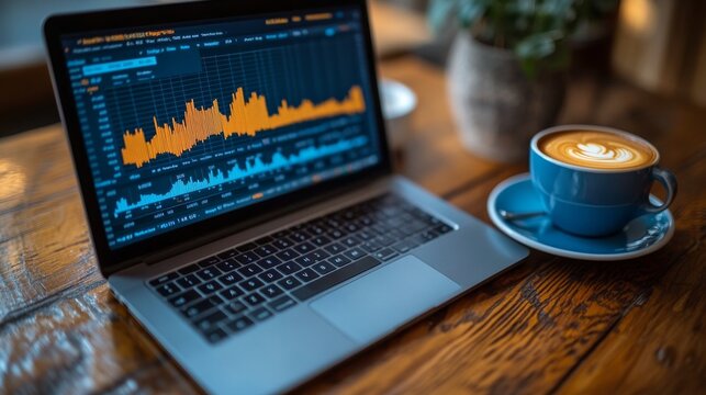 Focused work on financial analysis with coffee on a wooden table in a cozy cafe environment