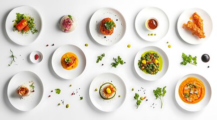 A top view of several Indian dishes, each displayed on separate plates with vibrant spices and garnishes