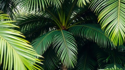 Fototapeta premium Lush green tropical palm leaves of various shapes and sizes with vibrant colors, perfect for adding a touch of nature to any design, jungle, greenery