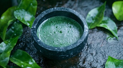 A stone bowl filled with a thick green mixture, surrounded by fresh, vibrant green leaves on a dark, moist surface, suggesting nature and tranquility.