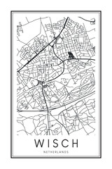 Printable downtown road map poster of the Dutch city of WISCH on solid white background with city name