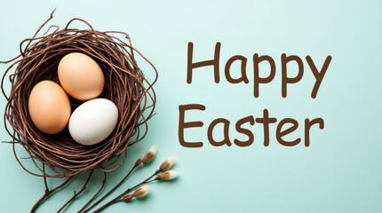 Creative Easter Design With Rustic Eggs in a Nest and Pussy Willow