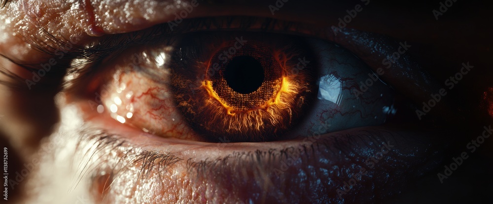 Poster close-up of an eye with a unique design featuring bright orange and yellow flames swirling within. t