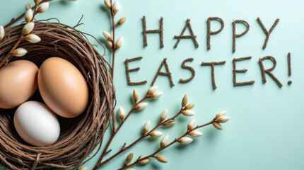 Creative Easter Design Featuring Eggs in a Rustic Nest With Pussy Willow