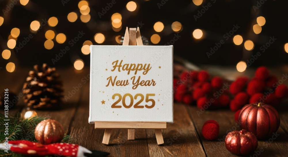Fototapete A festive scene with a focus on a small, square slate sign that reads Happy New Year 2025 in a golden cursive font Golden glitter Happy New Year typography on black canvas