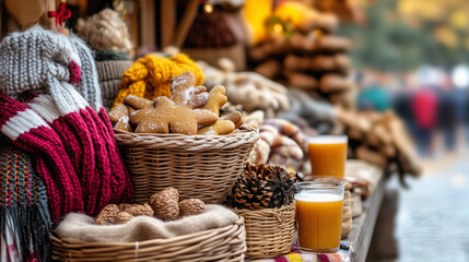 Fototapeta premium Festive Holiday Market Stall with Gingerbread Cookies and Scarves