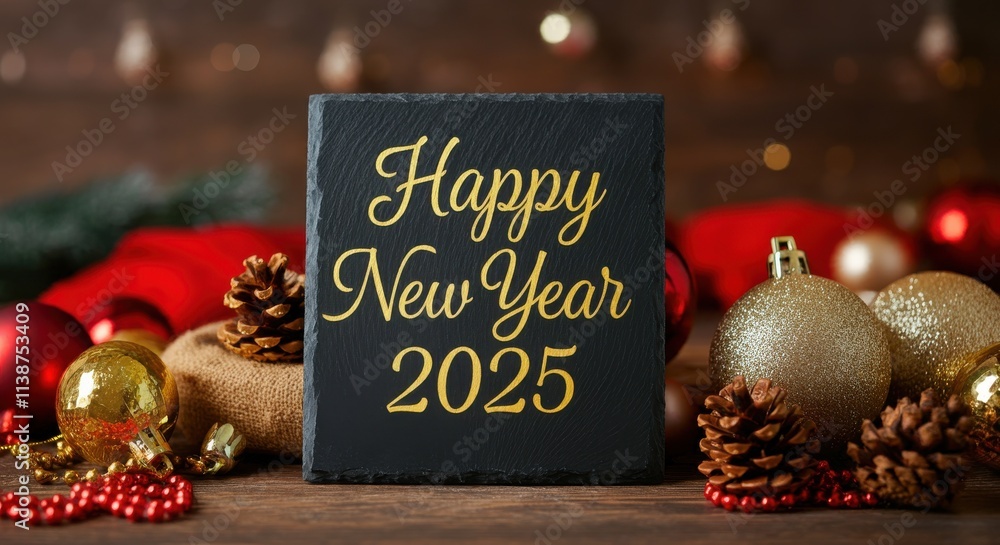 Fototapete a festive scene with a focus on a small, square slate sign that reads happy new year 2025 in a golde