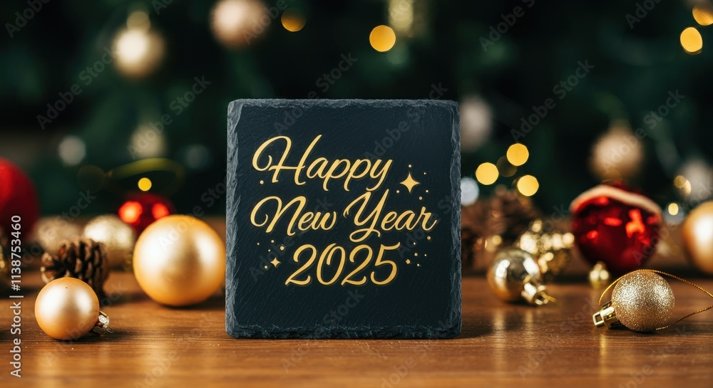 Fototapete A festive scene with a focus on a small, square slate sign that reads Happy New Year 2025 in a golden cursive font Golden glitter Happy New Year typography on black canvas