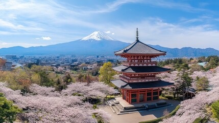Fototapeta premium Japanese pagoda, Mount Fuji, cherry blossoms under blue sky.