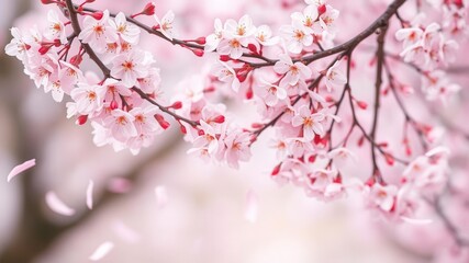 Fototapeta premium Pink sakura petals gently falling against a soft pink background, bloom, pink