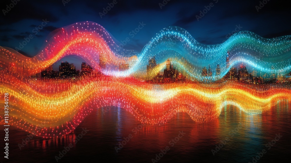 Poster bright glowing trails and sparkling particles create a mesmerizing abstract background at dusk