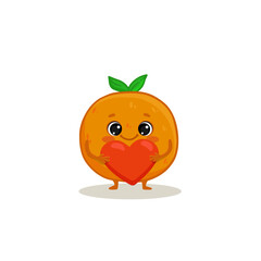 Cute orange character with red heart. Cartoon fruit in flat style. Food illustration for kids. Vector illustration.
