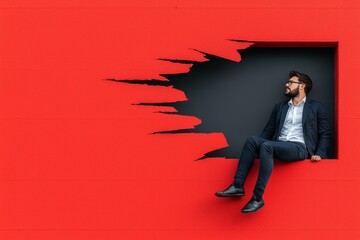 Fototapeta premium Businessman sitting in a red wall with an abstract black opening while looking thoughtfully outside
