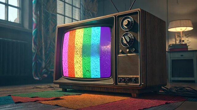 Visual Whirlwind An old television displays a mesmerizing blend of fuzzy static patterns and radiant color bars invoking feelings of longing and the comfort of being coed in a