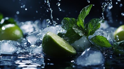 Lime wedge, mint, and ice with water splash.