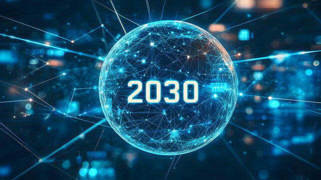 2030 vision concept. with text 2030, Blue black ground. Concept for Technology vision in year 2030. circle global network with connection network with copy space.