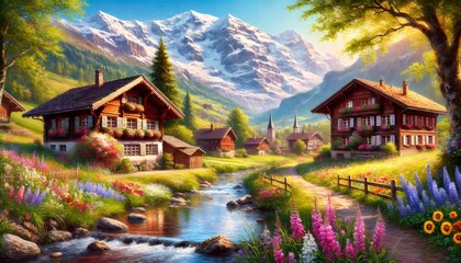 Fototapeta premium Idyllic swiss mountain village with blooming flowers and a river flowing in the valley
