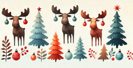 Obraz premium Three funny moose with Christmas decorations on their antlers among fir trees. Christmas watercolor card.