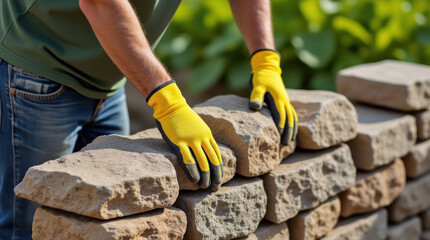 Man Lifts Heavy Stones to Build a Sturdy Stone Wall Outdoors