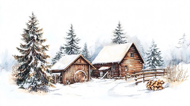 Watercolor painting of a cozy winter cabin nestled in a snowy forest landscape