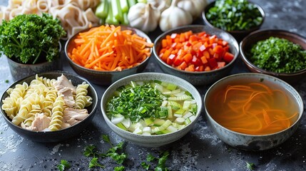 Fresh soup ingredients flat lay, chopped vegetables, noodles, parsley, broth, vibrant and colorful food arrangement, healthy cooking preparation, high-resolution top view image

