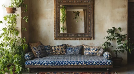 Photo sur Plexiglas Blue divan with patterned cushions, plants, and ornate mirror in a rustic room.