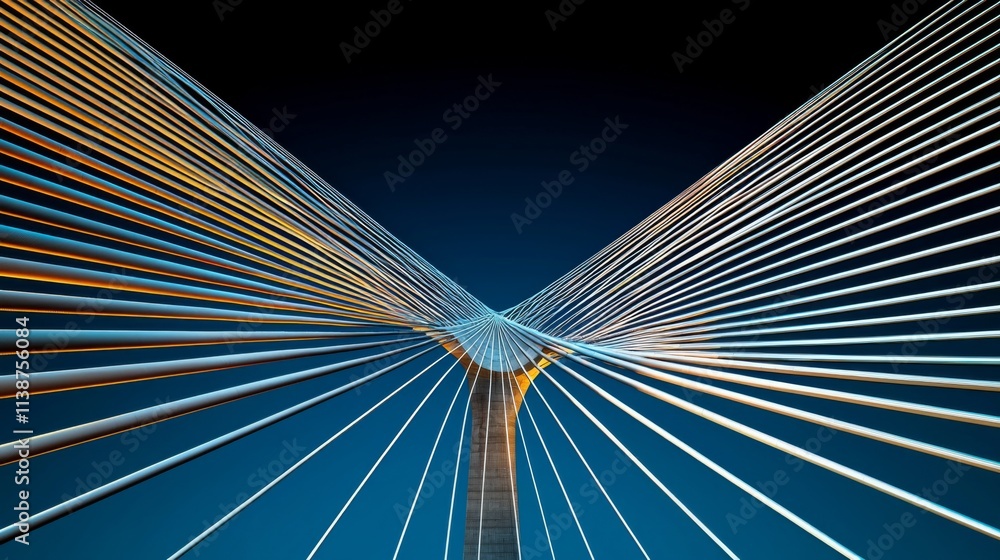 Poster vivid perspective of a modern cable-stayed bridge illuminated at dusk showcasing intricate structura