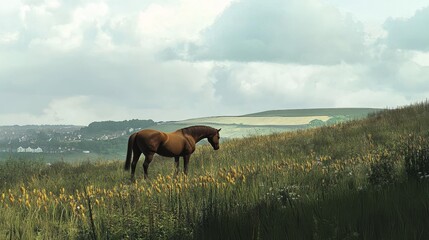 Obraz premium Horse grazing on a grassy sloped hillside- South Shields, Tyne and Wear, England