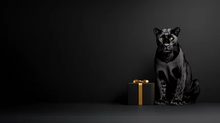 Gordijnen Sleek black panther with golden highlights beside a luxury gift box © bdstockphotos